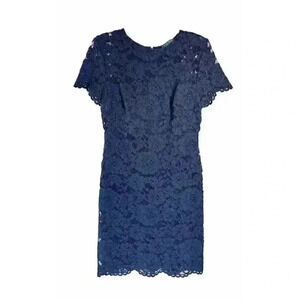 Lauren Ralph Lauren Dress Sz 10 Navy Blue Floral Lace Overlay Classic Cap Sleeve